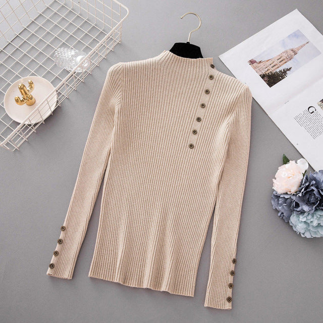 New Fashion Button Turtleneck Sweater Women Spring