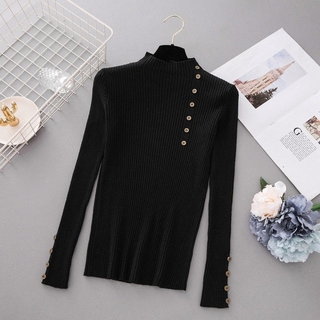 New Fashion Button Turtleneck Sweater Women Spring