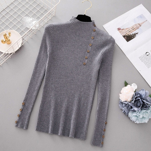 New Fashion Button Turtleneck Sweater Women Spring