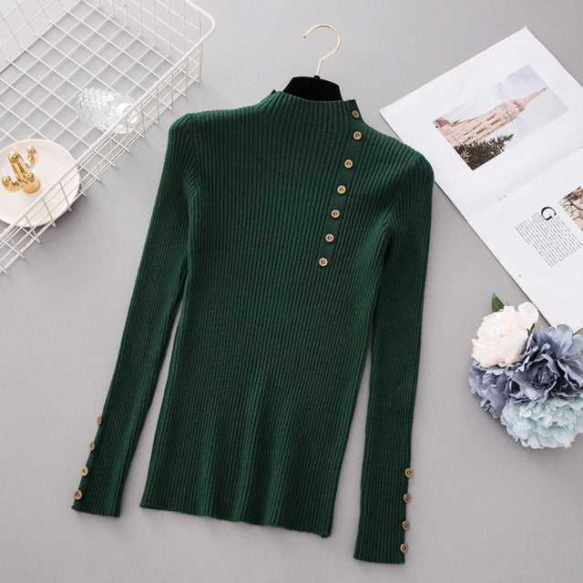 New Fashion Button Turtleneck Sweater Women Spring