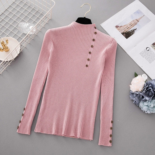 New Fashion Button Turtleneck Sweater Women Spring