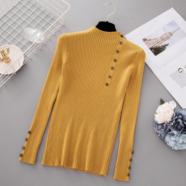 New Fashion Button Turtleneck Sweater Women Spring