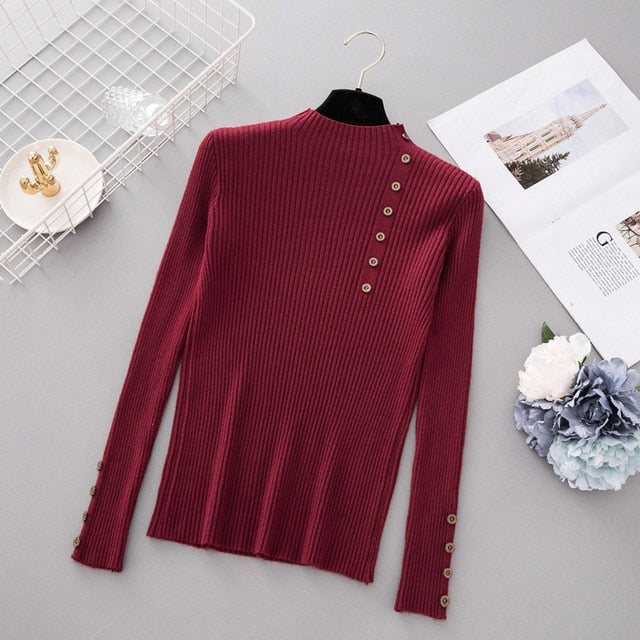 New Fashion Button Turtleneck Sweater Women Spring