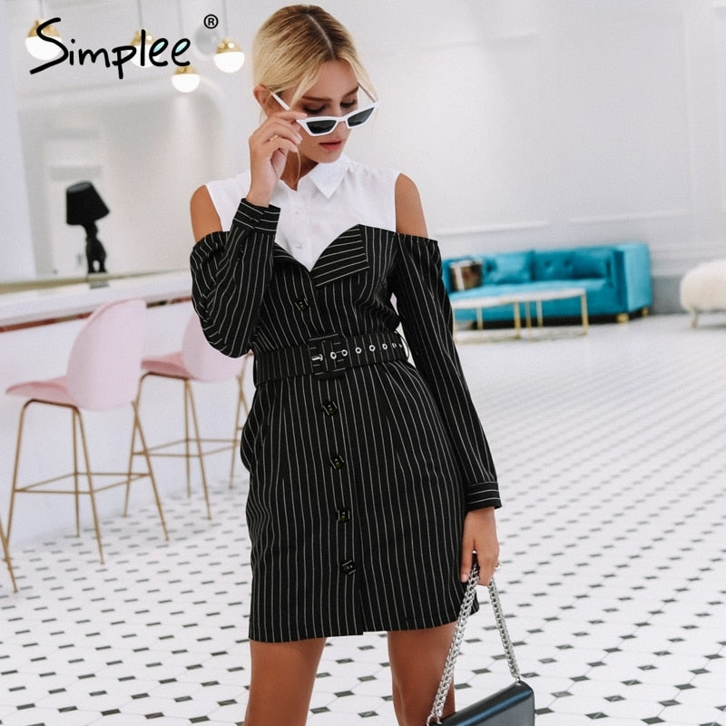 Simplee Elegant fake two piece stripe women dress Office 2019