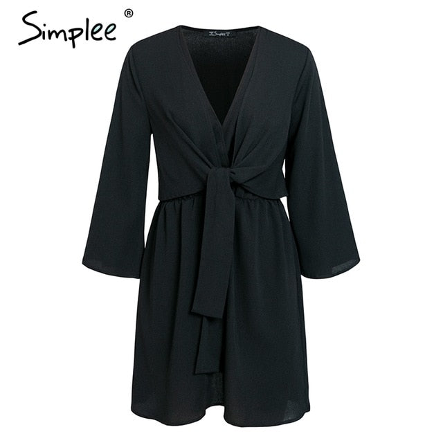 Simplee Vintage long sleeve chiffon summer dress women Black bow office bandage dresses Sexy red female ladies short dress