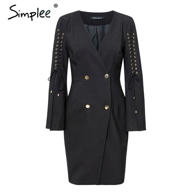 lace up split blazer women dress Autumn 2019 double breasted white dress Office slim ladies dresses