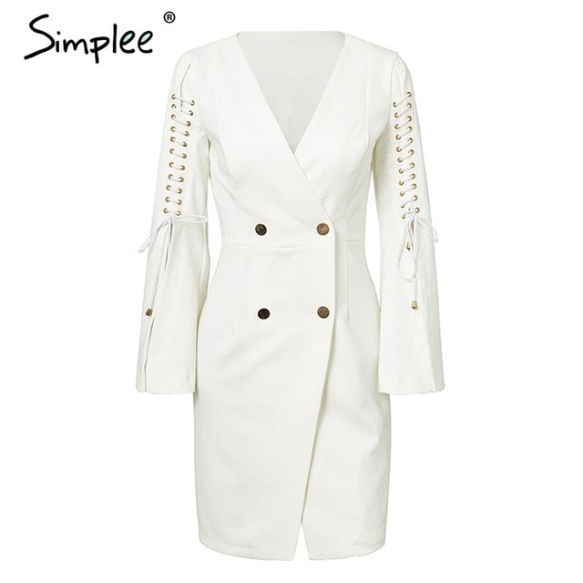 lace up split blazer women dress Autumn 2019 double breasted white dress Office slim ladies dresses