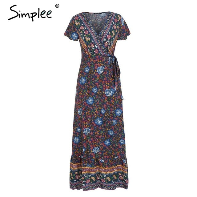 Vintage floral print summer dress Ruffle split sash sexy long dress Bohemian women dress holiday beach dress  2019