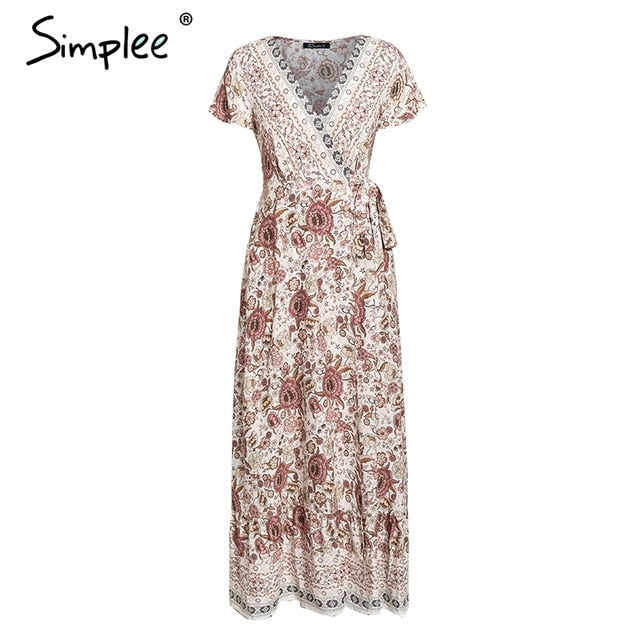 Vintage floral print summer dress Ruffle split sash sexy long dress Bohemian women dress holiday beach dress  2019