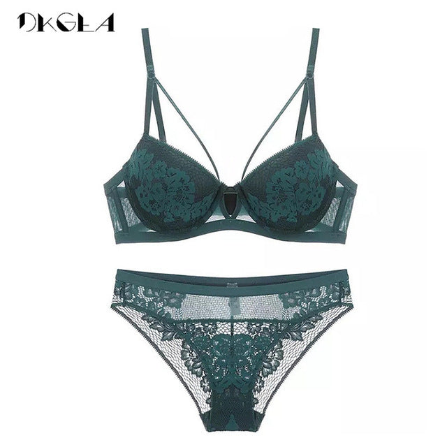 2019 New Bandage Green Lace Bra Set Women Thick Push Up