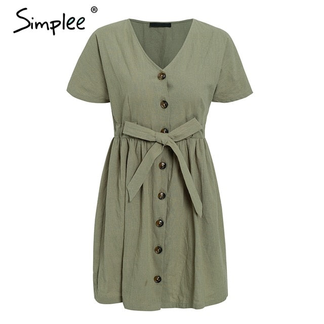 Simplee Vintage button women dress shirt V neck short sleeve cotton linen short summer dresses 2019