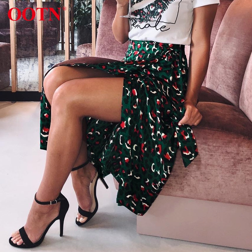 Leopard Print Long Skirts Women High Waist Midi Skirt Bow Tie 2019