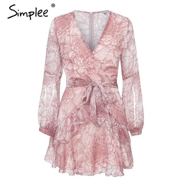 Vintage ruffle long sleeve dresses Women print elegant chiffon sashes summer female dress Sexy party short 2019