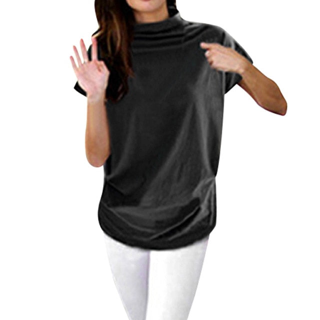 Women Casual Turtleneck Short Sleeve Cotton girl Solid