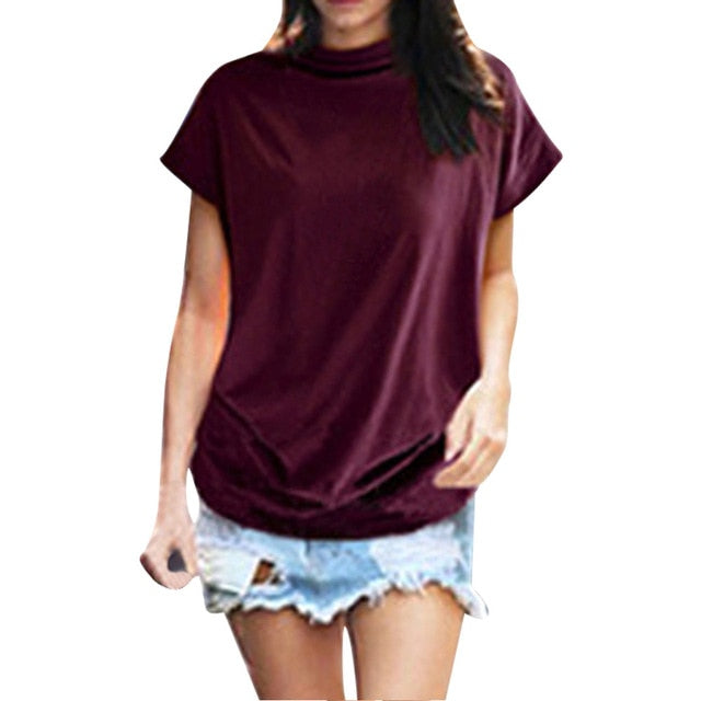 Women Casual Turtleneck Short Sleeve Cotton girl Solid