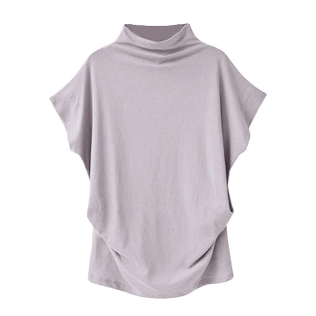 Women Casual Turtleneck Short Sleeve Cotton girl Solid