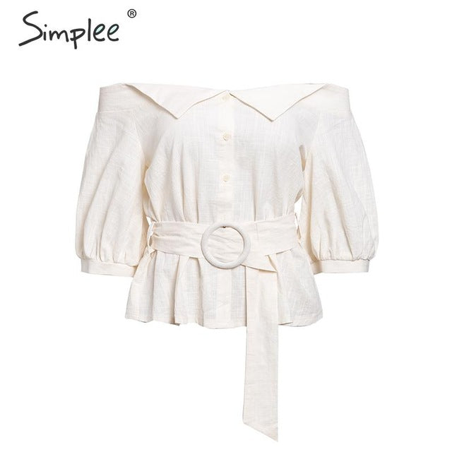 Off shoulder buttons women shirt blouse Summer lantern sleeve