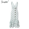 Vintage striped women long dress summer V neck buttons ruffle linen dresses Holiday sexy female beach dress