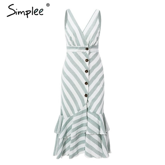 Vintage striped women long dress summer V neck buttons ruffle linen dresses Holiday sexy female beach dress