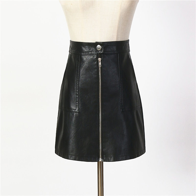 2019 Autumn Winter Women Skirt PU Leather Sexy Mini Skirt With Pockets Zipper