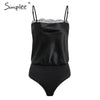 Sexy lace hem satin women bodysuit  female top jumpsuit romper