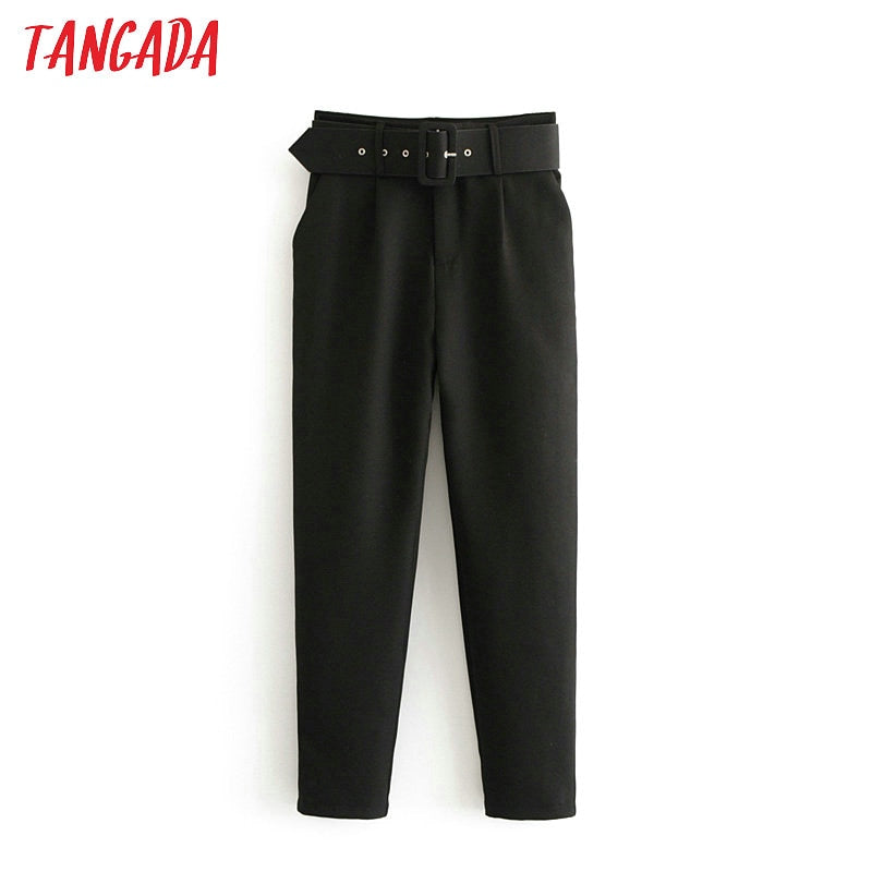 Black suit Pants woman high waist pants sashes pockets office ladies pants 2019