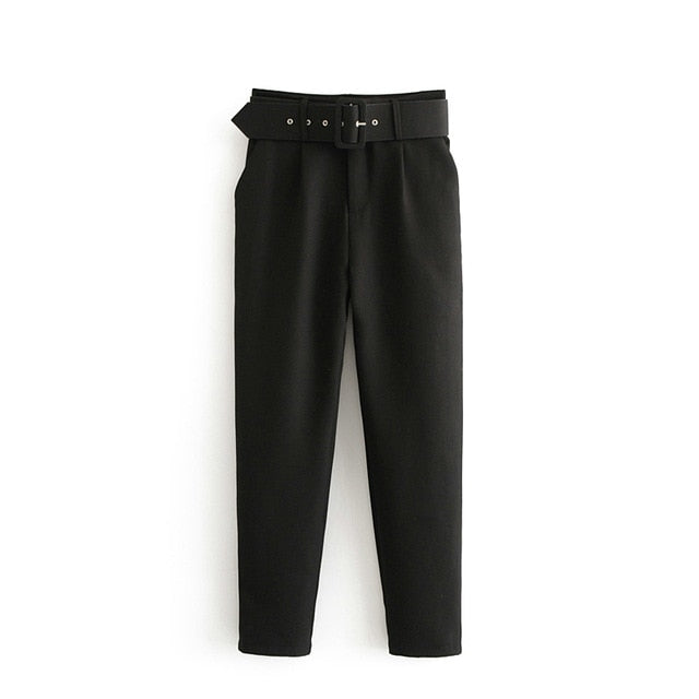 Black suit Pants woman high waist pants sashes pockets office ladies pants 2019