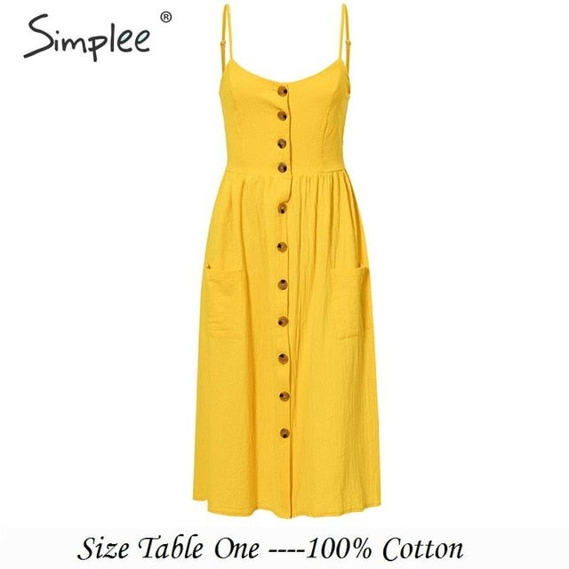 Elegant button women dress Pocket polka dots yellow cotton midi dress Summer