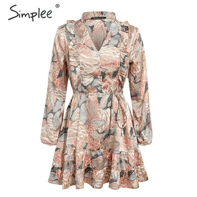 Elegant floral print women short shirt dress V neck long sleeve ruffle satin vestidos Spring casual plus size sundress