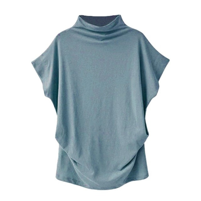 Women Casual Turtleneck Short Sleeve Cotton girl Solid