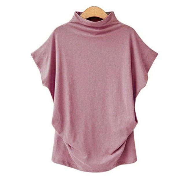 Women Casual Turtleneck Short Sleeve Cotton girl Solid