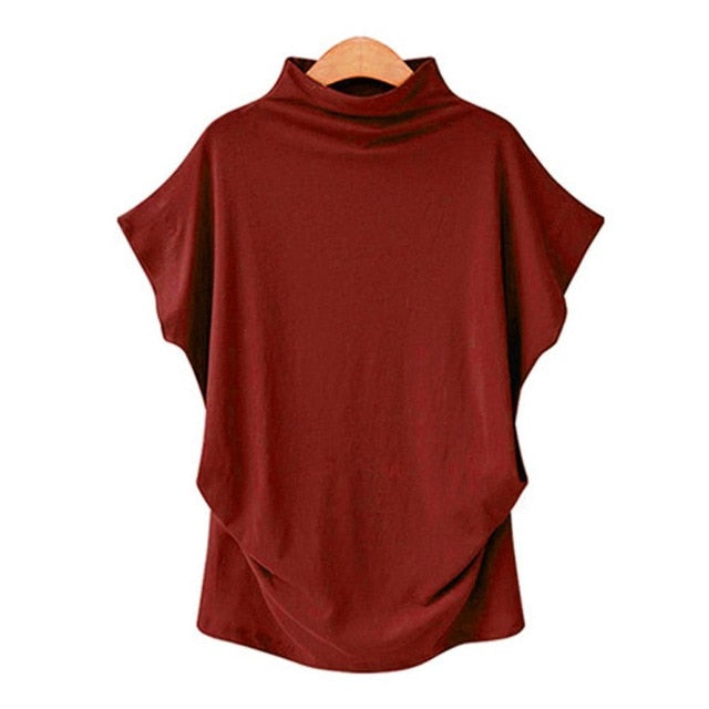 Women Casual Turtleneck Short Sleeve Cotton girl Solid