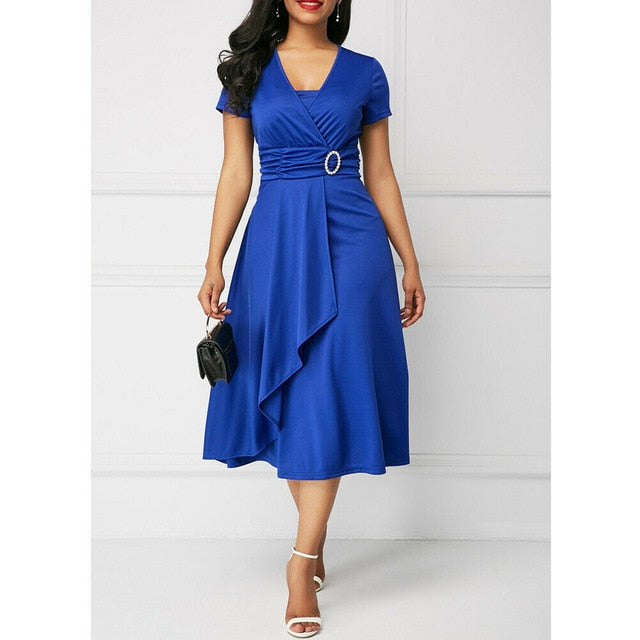 Elegant Women High Waist Plain Asymmetric Midi Dress Fashion Summer Solid Casual Short Sleeve V-Neck Dress Sundress Plus Size