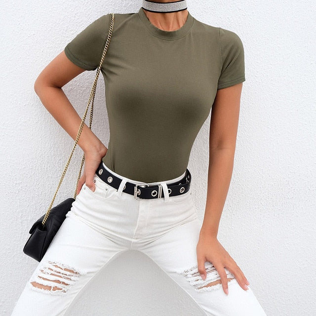 Casual Solid Fitness Basic Summer Bodysuit Women Short Sleeve Body  2019 Black White Bodysuits