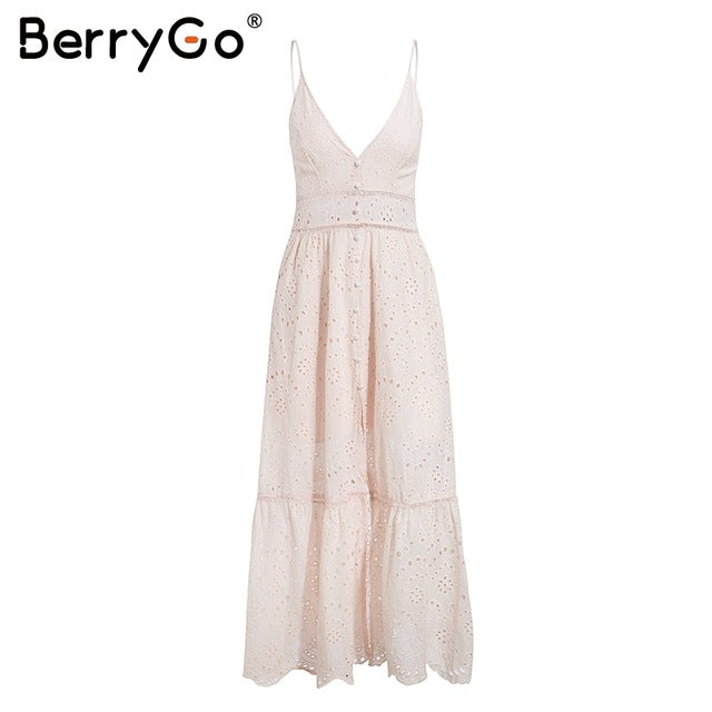 BerryGo White pearls sexy women summer dress 2019  Evening party long ladies