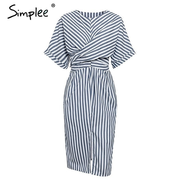 Plus size cotton striped women dress Summer style bandage split female long dress Short sleeve office ladies long dress