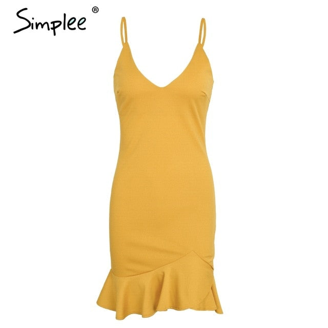 Sexy v neck ruffle strap mini dress women Skinny yellow mermaid dress 2019 Summer dress bodycon party