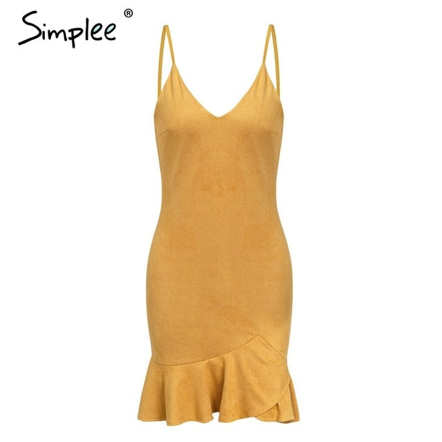 Sexy v neck ruffle strap mini dress women Skinny yellow mermaid dress 2019 Summer dress bodycon party