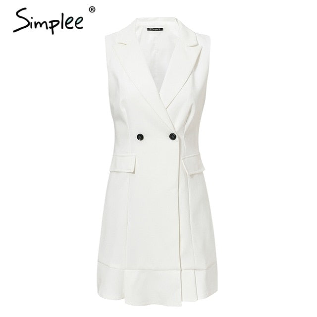 White blazer work dress women V neck ruffle A line slim sleeveless party dress Office ladies short white dress