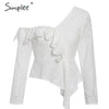 Sexy ruffle white cotton lace embroidery blouse women Asymmetrical one shoulder feminine blouse Streetwear korean tops