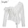 Sexy ruffle white cotton lace embroidery blouse women Asymmetrical one shoulder feminine blouse Streetwear korean tops