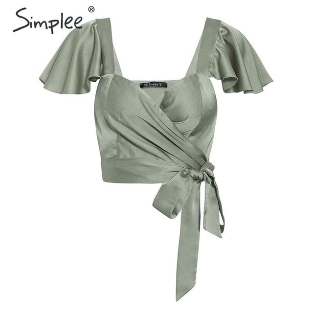 Sexy satin green women summer crop top Ruffle bandage